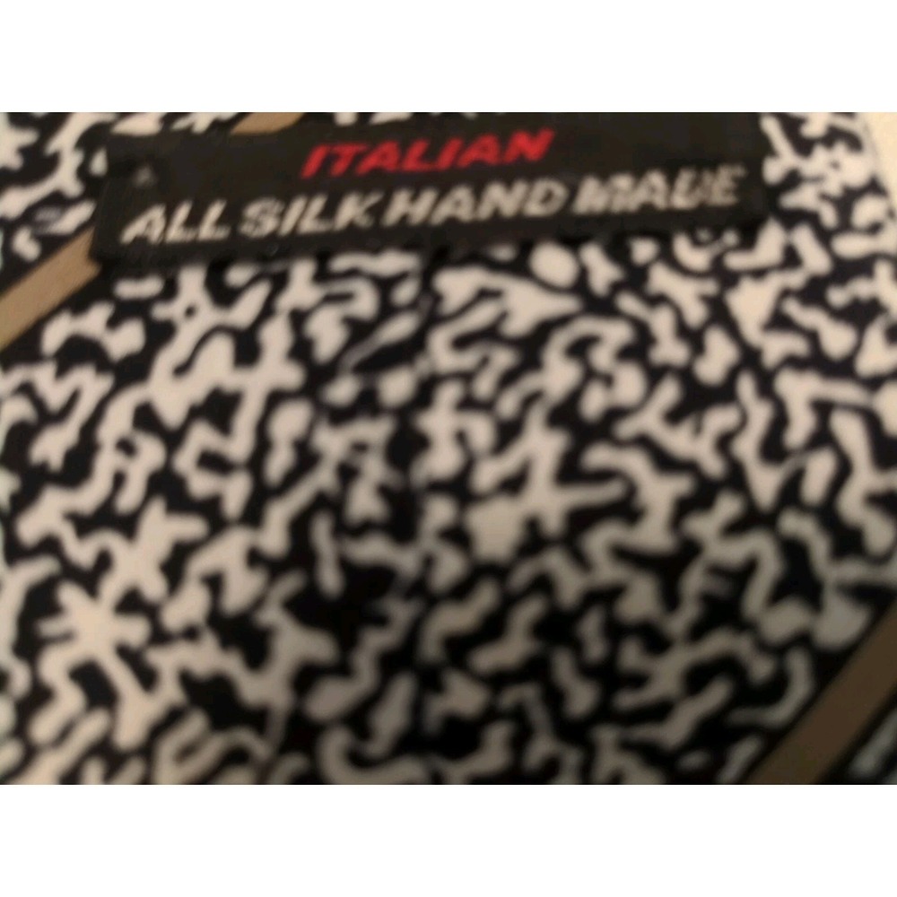 Italian All Silk Handmade Black & White Print With Tan Stripes Necktie - Picture 2 of 6